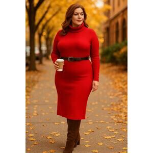 New Lauren Ralph Lauren Red Turtleneck Ribbed Knit Sweater Dress Size 14 Stretch